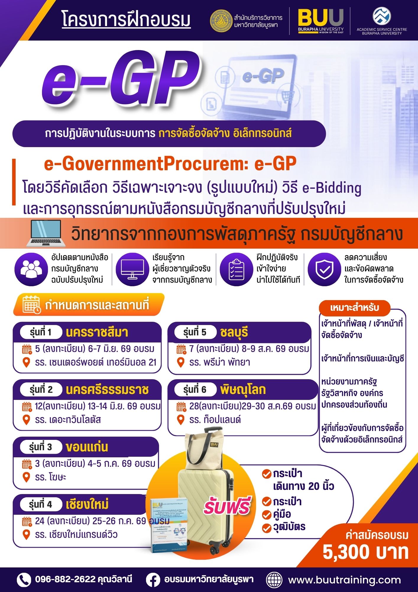  โครงการฝึกอบรม e-GP เชิงปฏิบัติการ หลักสูตร “การปฏิบัติงานในระบบการจัดซื้อจัดจ้างอิเล็กทรอนิกส์ (e-Government Procurement e-GP) โดยวิธีคัดเลือก วิธีเฉพาะเจาะจง (รูปแบบใหม่) วิธี e-Bidding และ การอุทธรณ์ ตามหนังสือกรมบัญชีกลางที่ปรับปรุงใหม่ ”